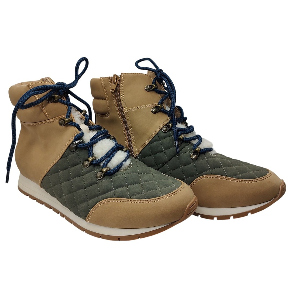 Wonderly Baluxy Boots Quilted‎ Green Faux Fur Zip Up Lace Up Womens Size Eight M